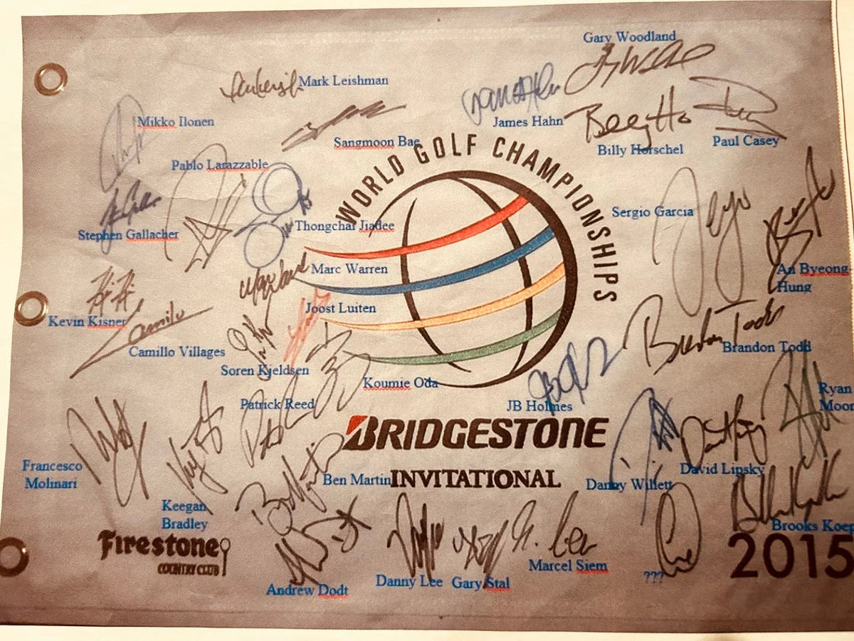 2015 World golf Championships Bridgestone autographed golf pin Flag Brooks Koepka Gary Woodland Keegan Bradley - AutographsForSale.com