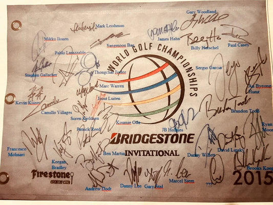 2015 World golf Championships Bridgestone autographed golf pin Flag Brooks Koepka Gary Woodland Keegan Bradley - AutographsForSale.com