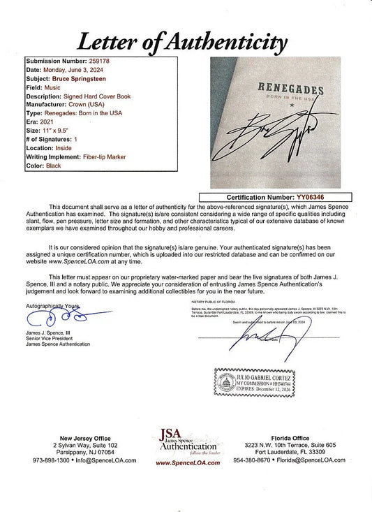 Bruce Springsteen autographed Renegades 1st edition book JSA - AutographsForSale.com