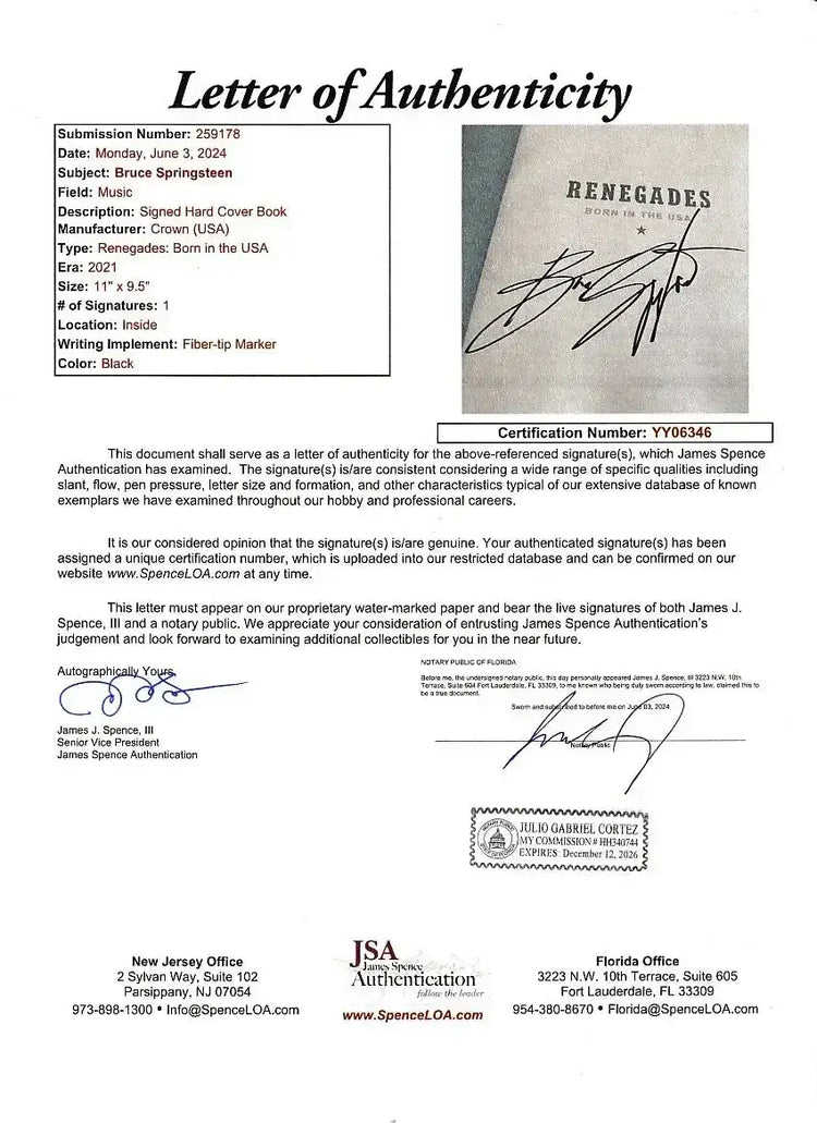 Bruce Springsteen autographed Renegades 1st edition book JSA - AutographsForSale.com