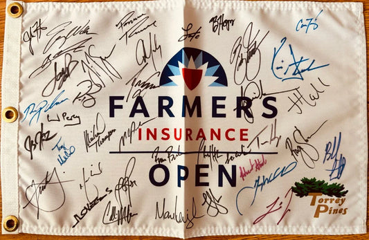 2020 Farmers Insurance Open signed flag Tiger Woods Xander Schauffele Jordan Spieth J.J. Spaun JSA - AutographsForSale.com