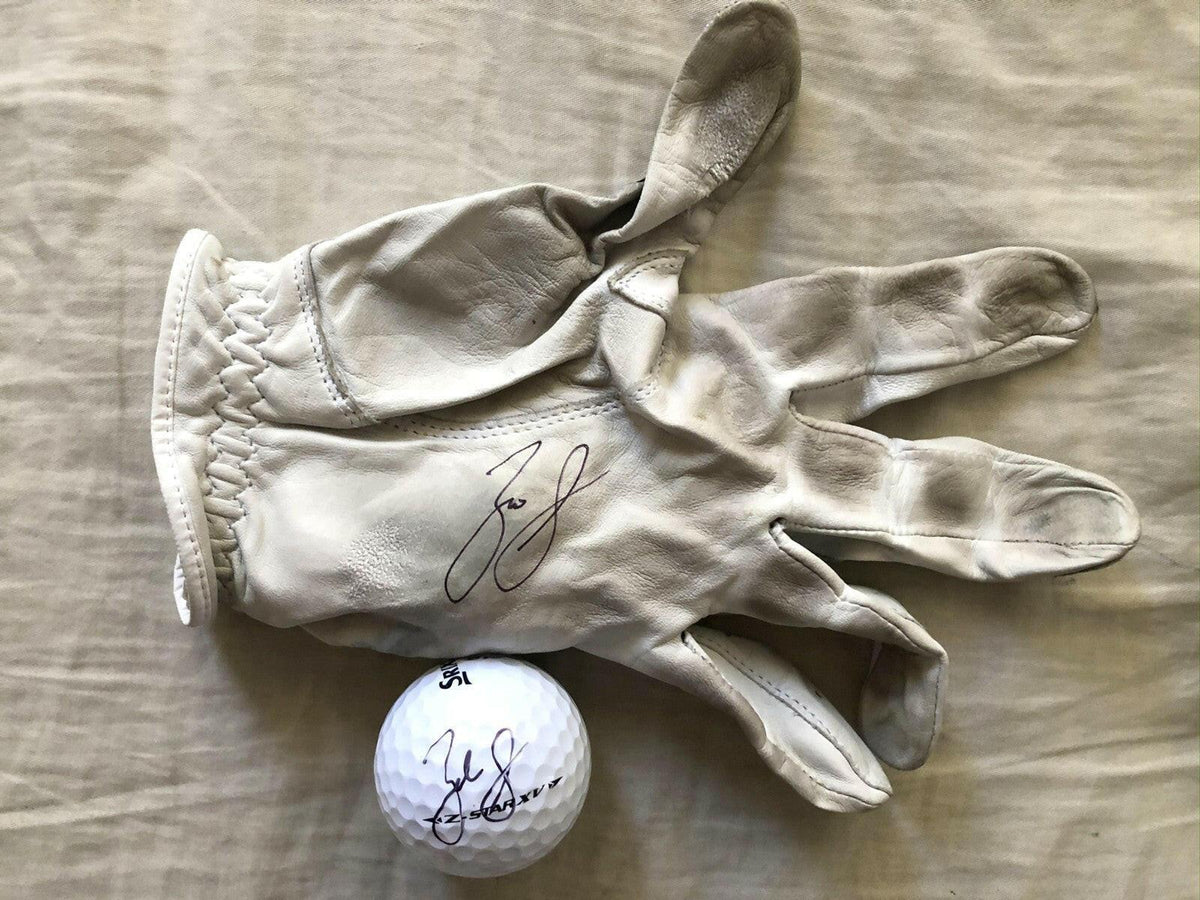 Zack Sucher signed 2020 Farmers Insurance Open Worn Srixon golf glove & Used golf ball - AutographsForSale.com