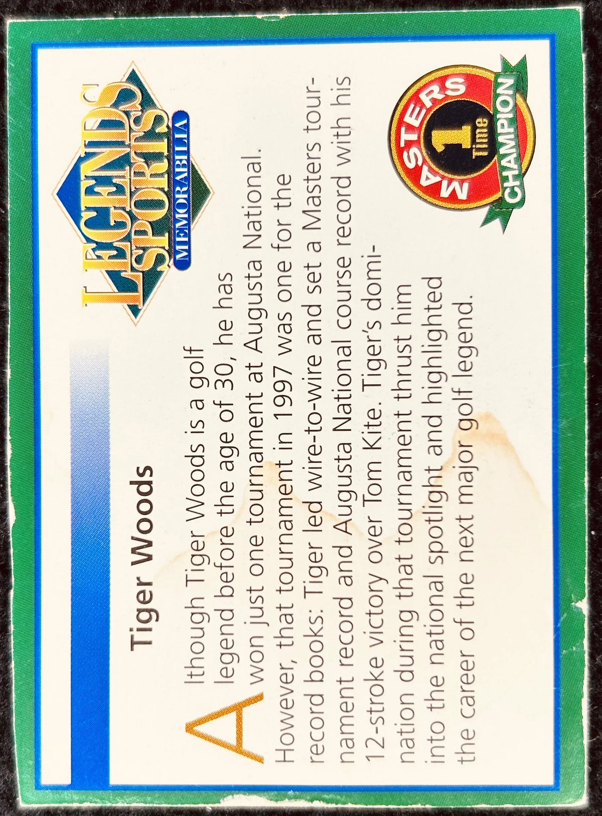 Tiger Woods Masters Champ 2001 Legends magazine golf card damaged - AutographsForSale.com