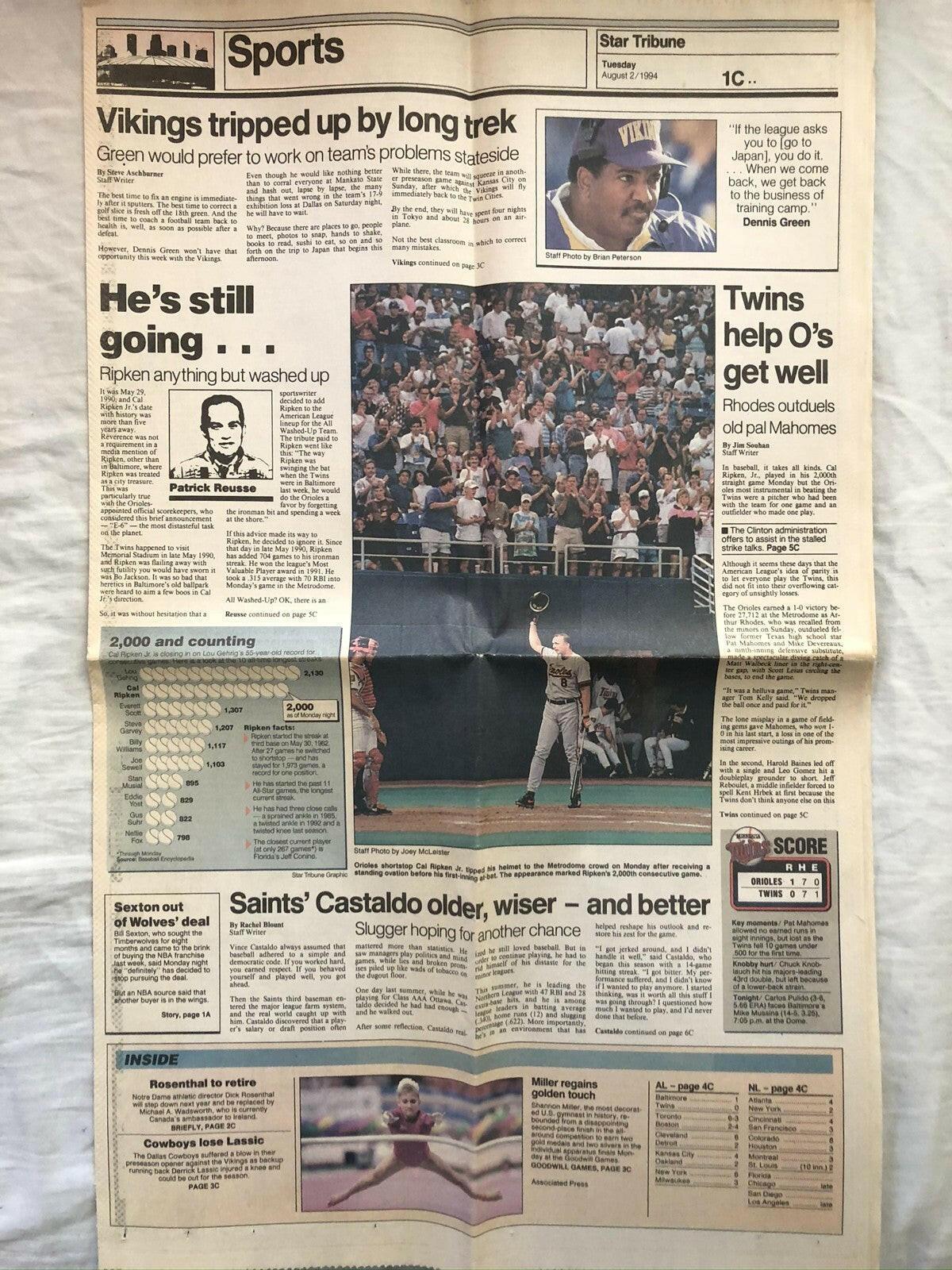 Cal Ripken Baltimore Orioles 2000 Consecutive Games 1994 Minneapolis Star Tribune newspaper - AutographsForSale.com
