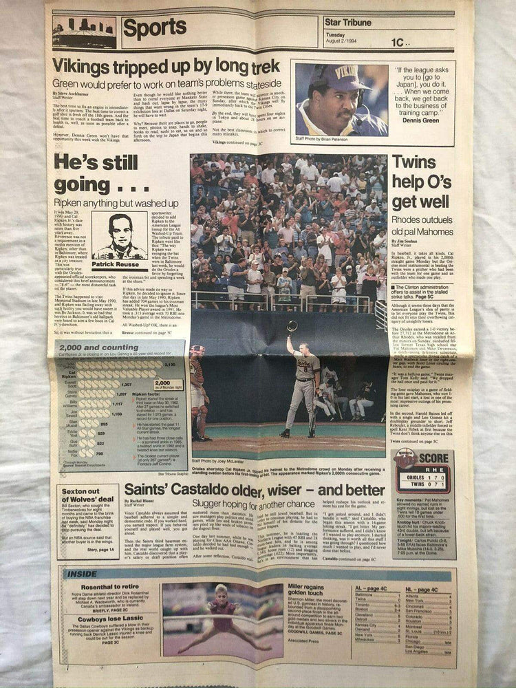 Cal Ripken Orioles 2000 Consecutive Games 1994 Minneapolis newspaper - AutographsForSale.com