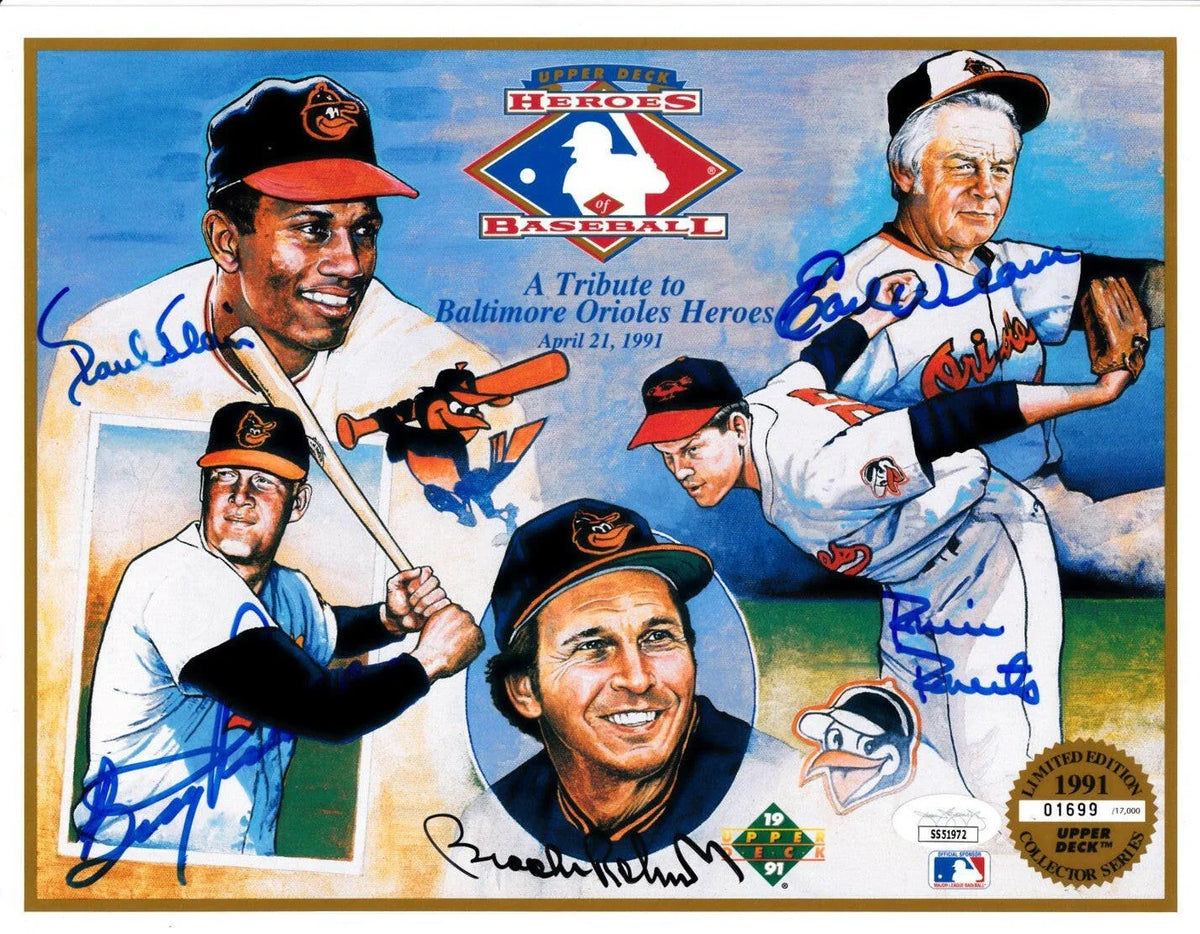 Paul Blair Boog Powell Robin Roberts Brooks Robinson Earl Weaver signed Orioles 1991 Upper Deck card sheet JSA - AutographsForSale.com