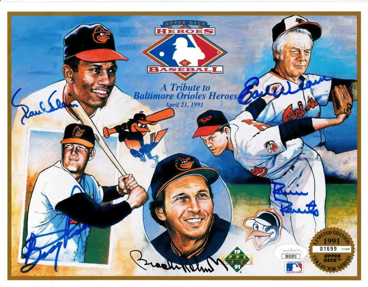 Paul Blair Boog Powell Robin Roberts Brooks Robinson Earl Weaver signed Orioles 1991 Upper Deck card sheet JSA - AutographsForSale.com