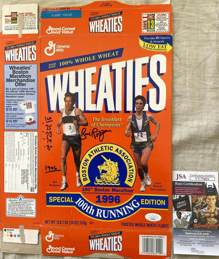 Bill Rodgers signed 1996 Boston Marathon Wheaties Box JSA - AutographsForSale.com