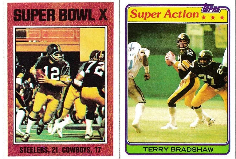 Terry Bradshaw Pittsburgh Steelers Super Bowl 10 1976 Topps card and 1981 Topps Super Action - AutographsForSale.com