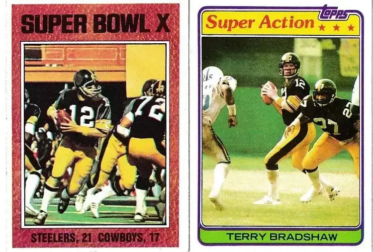 Terry Bradshaw Pittsburgh Steelers Super Bowl 10 1976 Topps card and 1981 Topps Super Action - AutographsForSale.com
