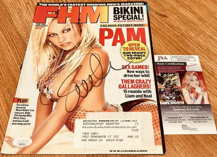 Pamela Anderson signed 2002 FHM magazine fishnet lingerie cover JSA - AutographsForSale.com