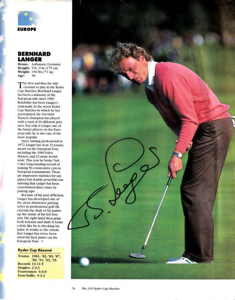 Bernhard Langer signed 1995 Ryder Cup golf program photo - AutographsForSale.com