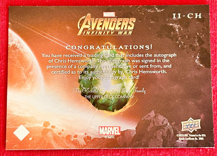 Chris Hemsworth certified autograph Avengers Infinity War THOR 2018 Upper Deck card - AutographsForSale.com