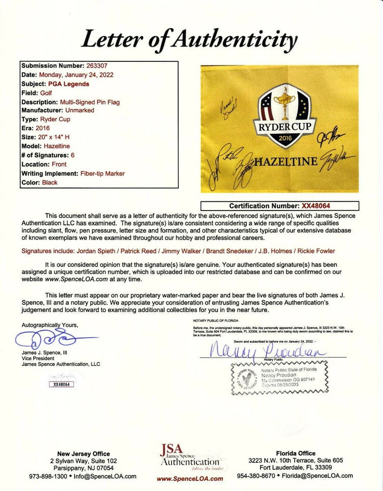 2016 US Ryder Cup team signed golf flag Rickie Fowler Patrick Reed Jordan Spieth JSA - AutographsForSale.com
