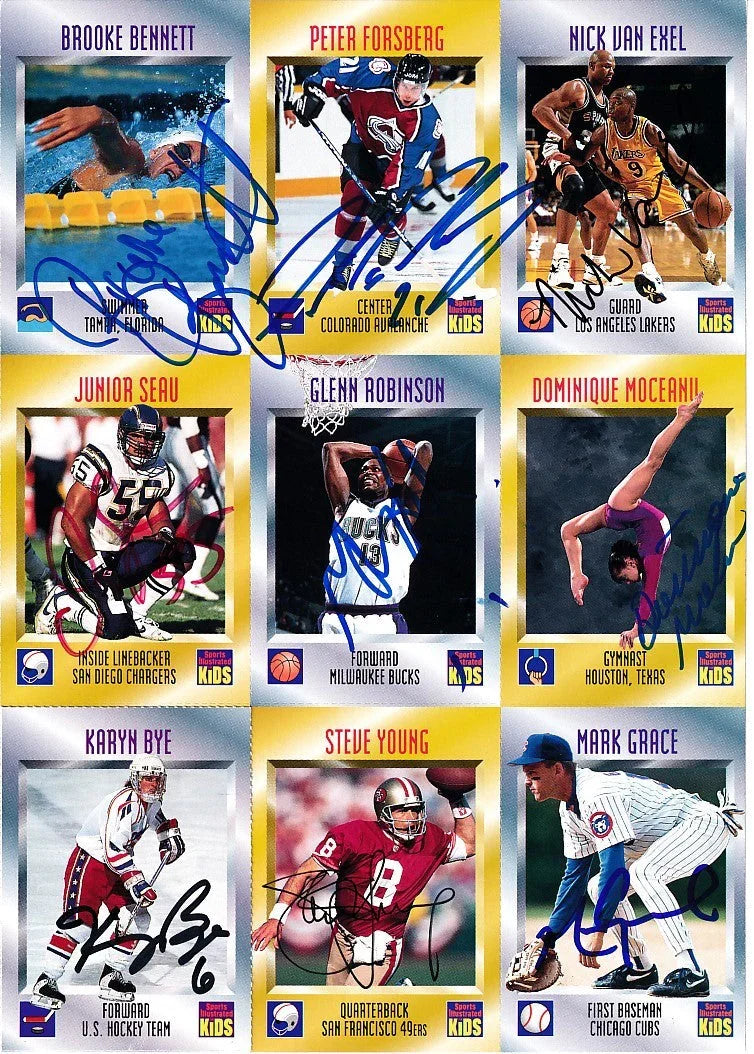 Signed 1995 SI for Kids card sheet Junior Seau Steve Young Peter Forsberg JSA - AutographsForSale.com