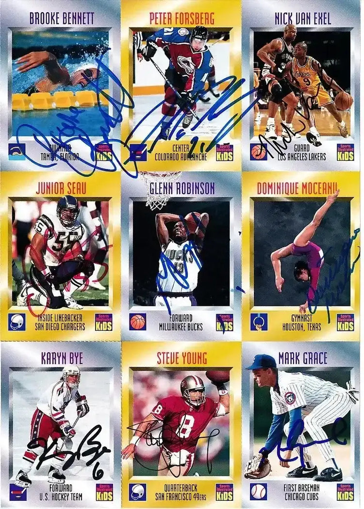 Signed 1995 SI for Kids card sheet Junior Seau Steve Young Peter Forsberg JSA - AutographsForSale.com