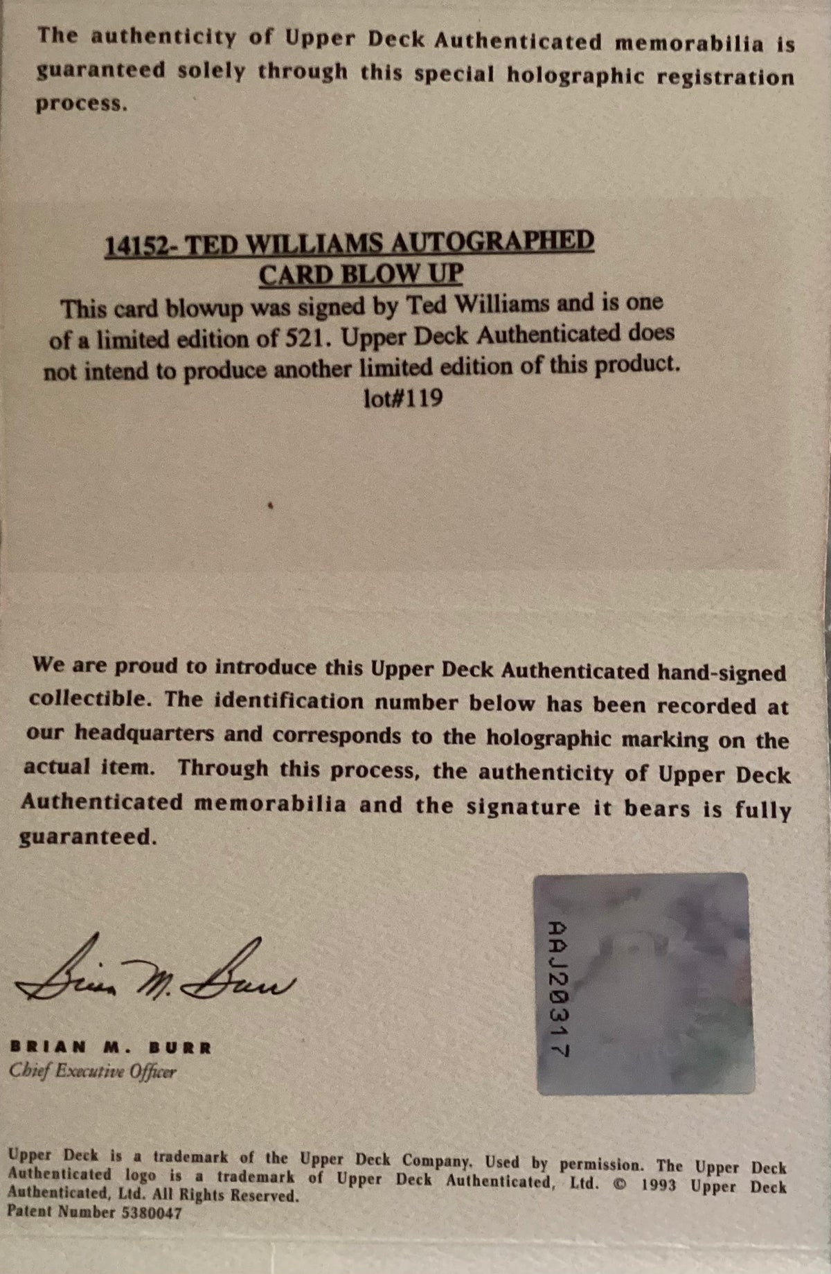 Ted Williams signed Red Sox 1992 UDA All-Star Heroes photo card framed - AutographsForSale.com