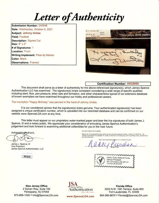 Johnny Unitas autograph framed Colts Sports Illustrated cover with Happy Birthday JSA - AutographsForSale.com