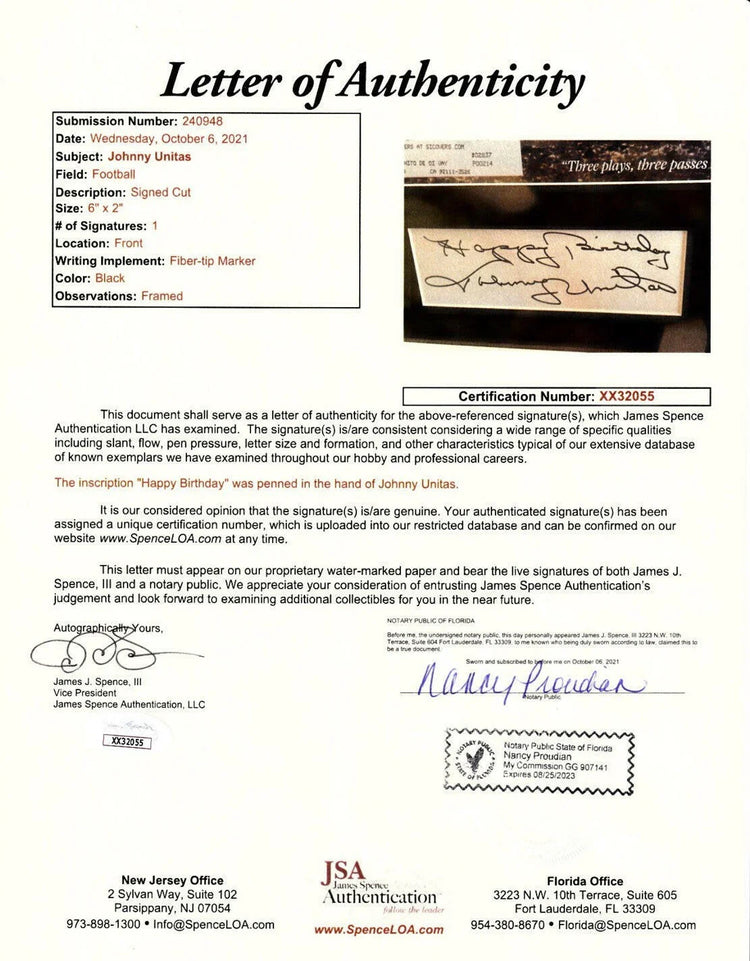 Johnny Unitas autograph framed Colts Sports Illustrated cover with Happy Birthday JSA - AutographsForSale.com