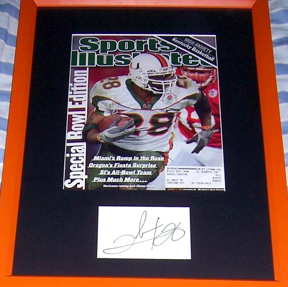 Clinton Portis autograph framed Miami Hurricanes 2001 National Champs SI cover JSA - AutographsForSale.com
