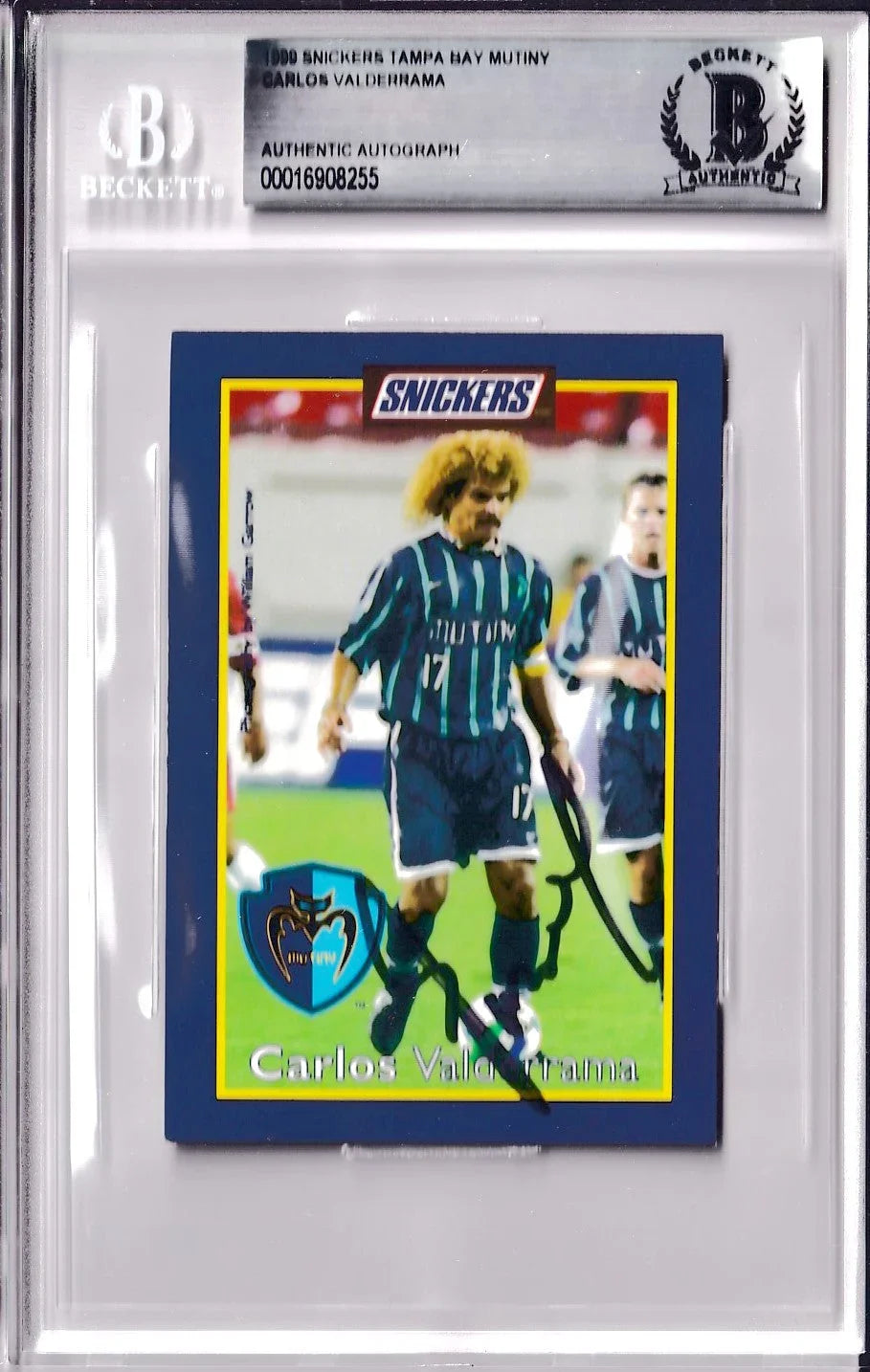 Carlos Valderrama autographed 1999 MLS Tampa Bay Mutiny Snickers card BAS - AutographsForSale.com