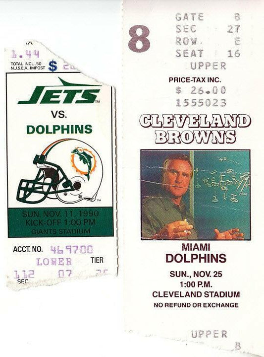 2 1990 Miami Dolphins road game win ticket stubs Dan Marino - AutographsForSale.com