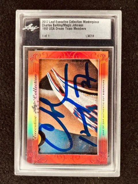 Charles Barkley and Magic Johnson 2017 Leaf Masterpiece Cut Signature certified autograph 1/1 card JSA 1992 Dream Team - AutographsForSale.com