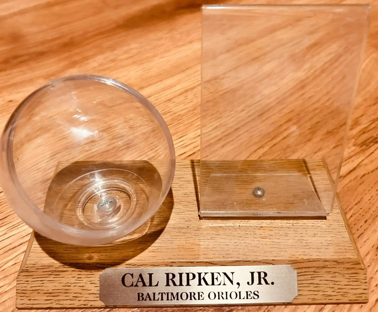 Cal Ripken Orioles baseball & card display case w/ wood base - AutographsForSale.com