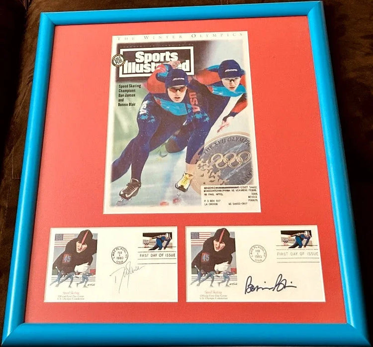 Bonnie Blair Dan Jansen signed speed skating cachets framed 1994 SI cover JSA - AutographsForSale.com
