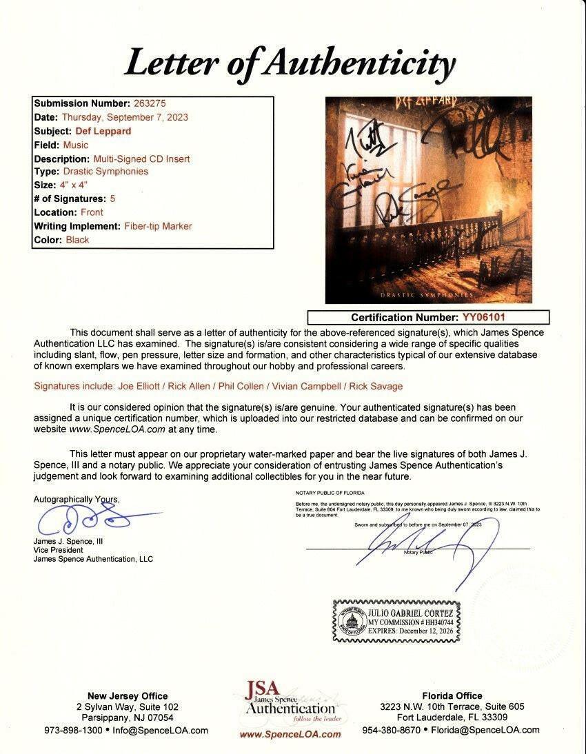 Def Leppard Complete Group autographed Drastic Symphonies CD insert JSA - AutographsForSale.com