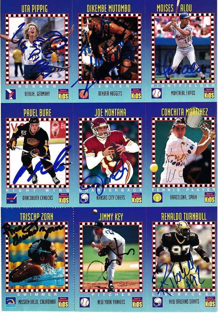 Signed 1994 SI for Kids card sheet Joe Montana Pavel Bure Dikembe Mutombo JSA - AutographsForSale.com