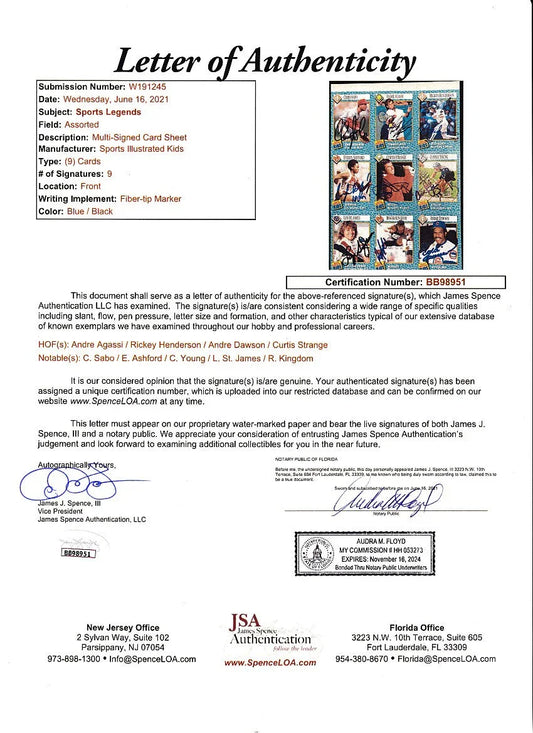 Signed 1989 SI for Kids card sheet Agassi RC Henderson JSA - AutographsForSale.com