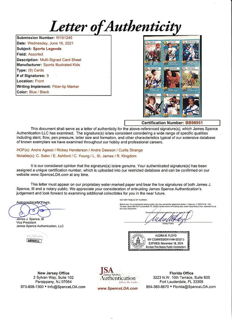 Signed 1989 SI for Kids card sheet Agassi RC Henderson JSA - AutographsForSale.com