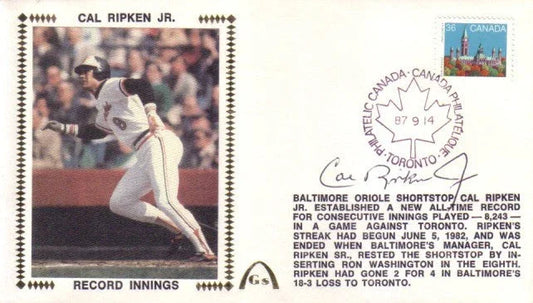 Cal Ripken signed Orioles 1987 consecutive innings record Gateway cachet JSA - AutographsForSale.com