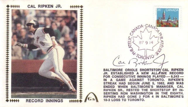 Cal Ripken signed Orioles 1987 consecutive innings record Gateway cachet JSA - AutographsForSale.com