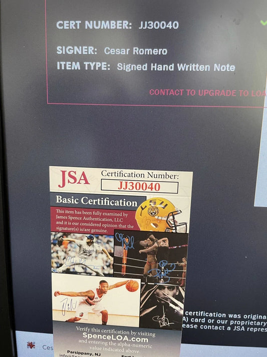 Cesar Romero signed handwritten note framed Joker & portrait 8x10 photos JSA - AutographsForSale.com