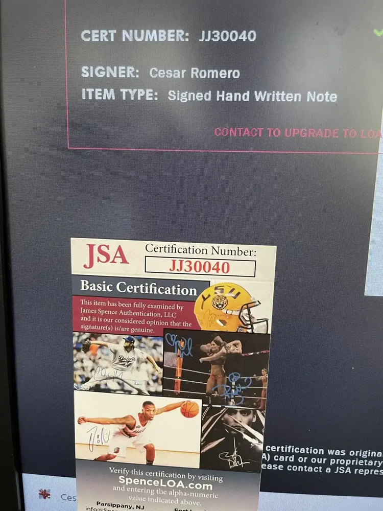 Cesar Romero signed handwritten note framed Joker & portrait 8x10 photos JSA - AutographsForSale.com