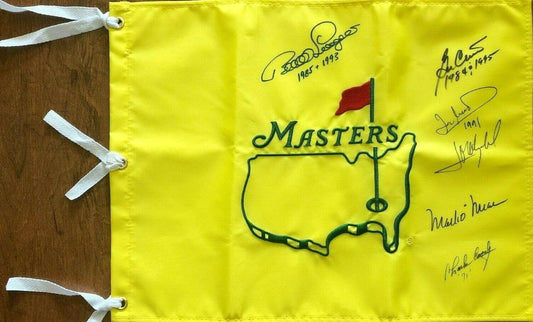Charles Coody Ben Crenshaw Bernhard Langer Jose Maria Olazabal Mark O'Meara Ian Woosnam autographed Masters flag JSA - AutographsForSale.com