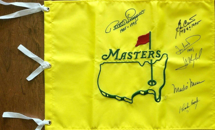 6 winners signed Masters Flag JSA Charles Coody Ben Crenshaw Bernhard Langer Ian Woosnam - AutographsForSale.com