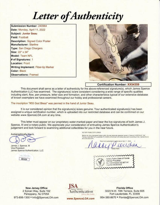 Junior Seau signed Chargers 22x34 poster framed with God Bless JSA - AutographsForSale.com