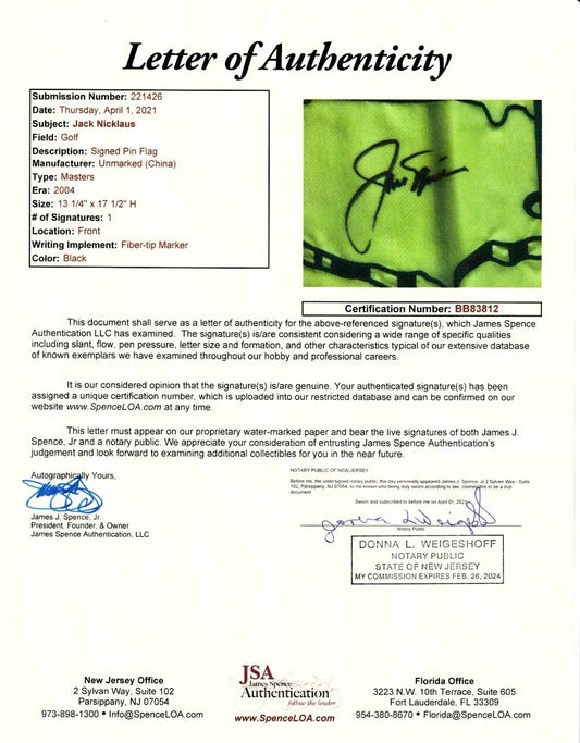 Jack Nicklaus autographed 2004 Masters golf pin flag JSA - AutographsForSale.com