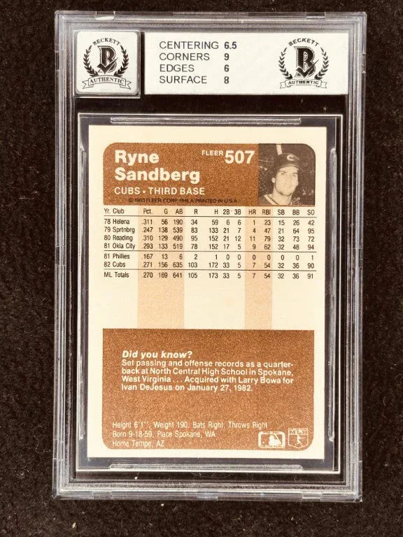 Ryne Sandberg autographed Chicago Cubs 1983 Fleer Rookie Card BAS BGS Graded 6.5 10 - AutographsForSale.com