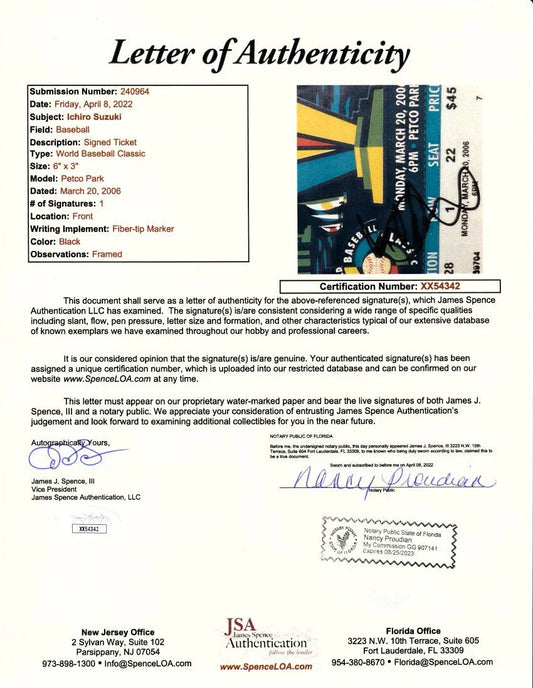 Ichiro Suzuki signed 2006 World Baseball Classic Final ticket framed Japan celebration photo JSA - AutographsForSale.com