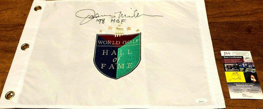 Johnny Miller signed World golf Hall of Fame embroidered pin flag w/ '98 HOF JSA - AutographsForSale.com