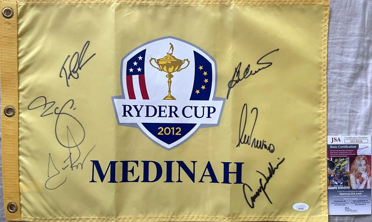 Ben Crenshaw George Lopez Scottie Pippen Lee Trevino signed 2012 Ryder Cup golf flag JSA - AutographsForSale.com