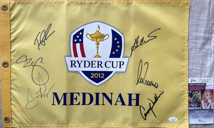 Ben Crenshaw George Lopez Scottie Pippen Lee Trevino signed 2012 Ryder Cup golf flag JSA - AutographsForSale.com