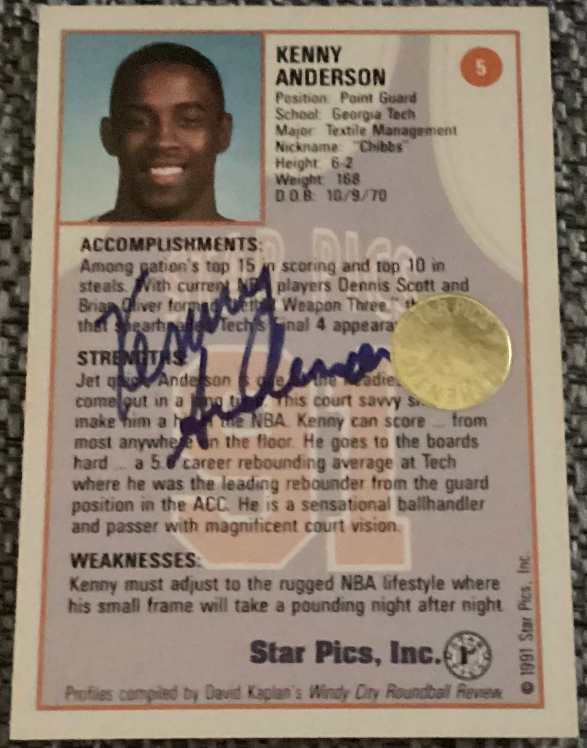 Kenny Anderson certified signed Georgia Tech 1991 Star Pics card - AutographsForSale.com