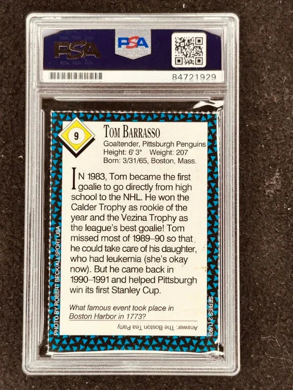 Tom Barrasso signed Penguins 1992 SI for Kids card PSA/DNA slab - AutographsForSale.com