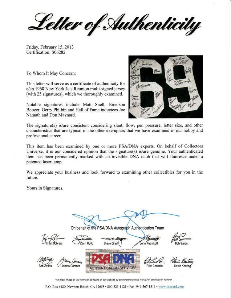 1968 New York Jets Super Bowl 3 Champion team autographed jersey Joe Namath PSA/DNA - AutographsForSale.com