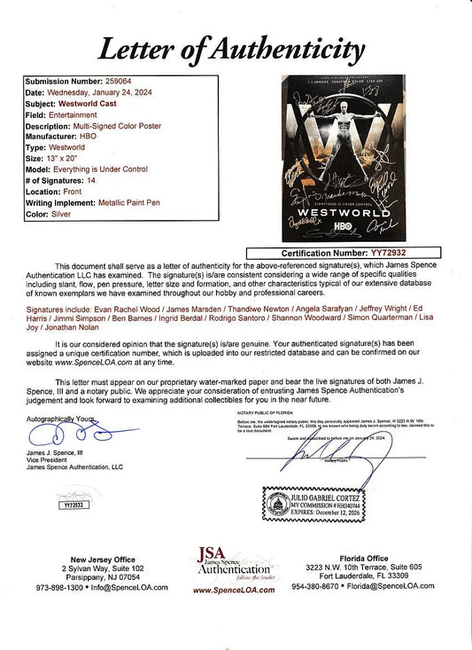 Westworld cast autographed 2017 Comic-Con poster Ed Harris Thandie Newton Evan Rachel Wood Jeffrey Wright JSA - AutographsForSale.com